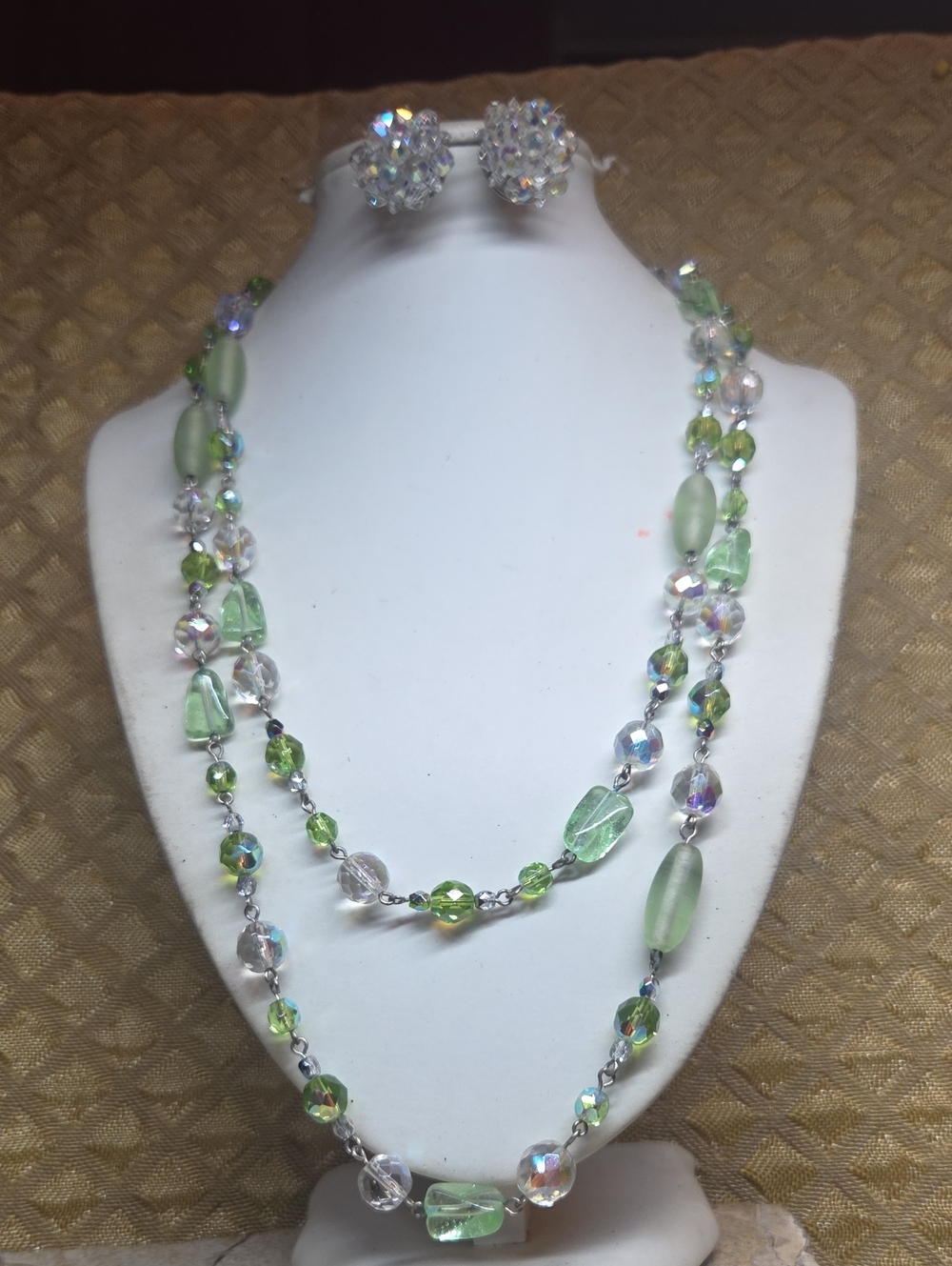 Vintage Green Crystal & Glass Bead Long Strand Necklace with Laguna Earrings AB